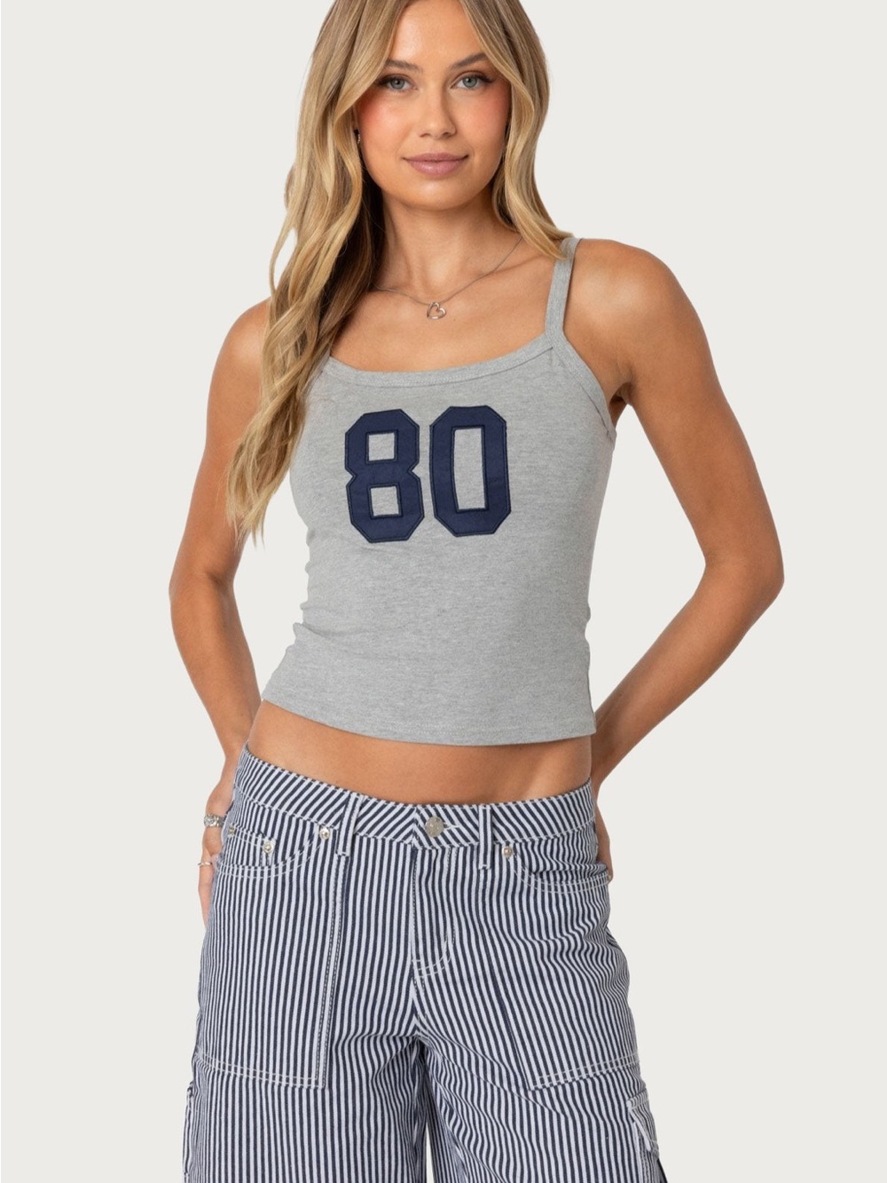 Edikted Grey Ribbed Tank with Navy '80' Graphic